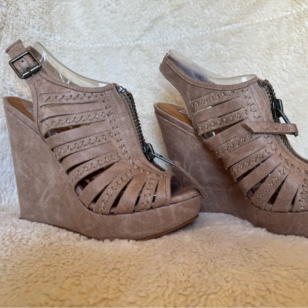 Not Rated Tan Wedge Sandals with Intricate Design